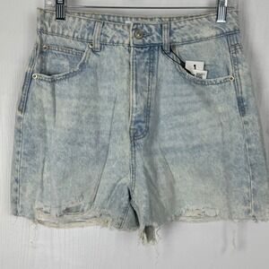 Stradivarius Vintage Mom Fit ButtonFly Denim Shorts USA 06 Light Wash Distressed